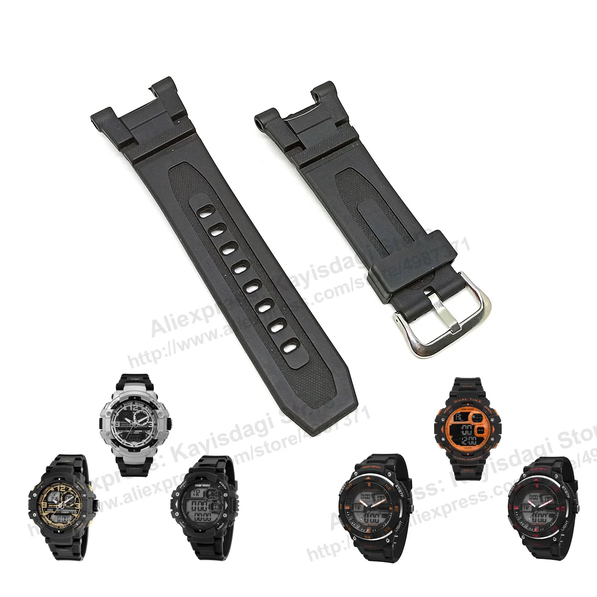 

Fits/For Mormaii MO0949 , MO13609 , MO13611 - Black Rubber Digital Wristwatch Replacement Watch Band Strap Belt