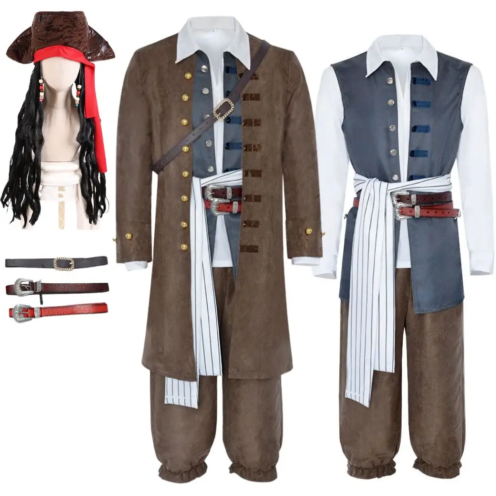 Pirate Captain Jack Cosplay Sparrow Costume Disguise for Men Clothing Medieval Pirate Roleplay Outfits Halloween Carnival Suit