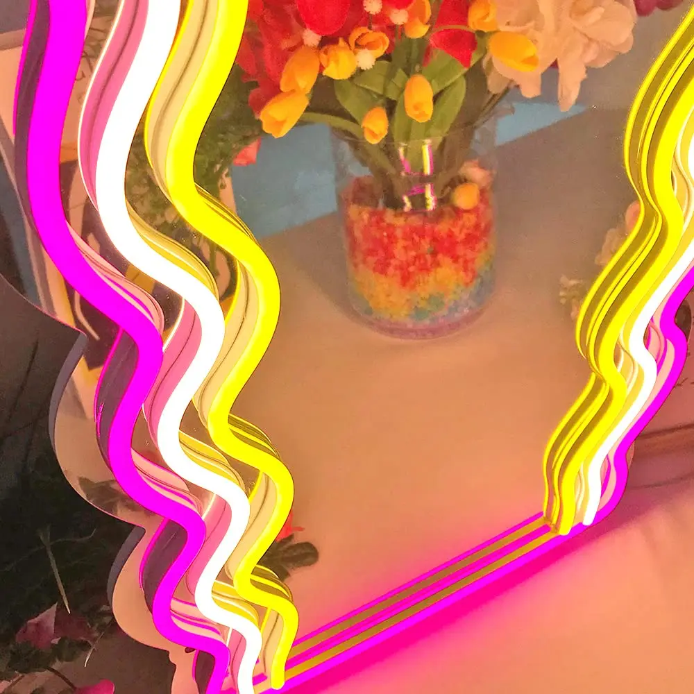 Wavy Mirror Neon Signs Wall Decor Wall Mounted Irregular Decorative Selfie Mirrors Neon Lights for Beauty Nail Salon Night Lamp