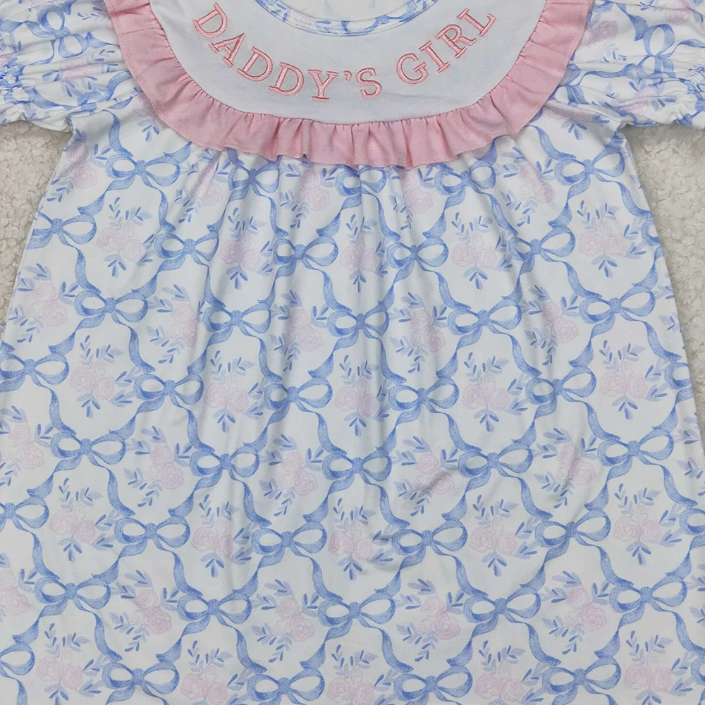 GSD2226 女の赤ちゃんサマードレス刺繍女の赤ちゃんブルー弓パパの女の子膝丈ドレス