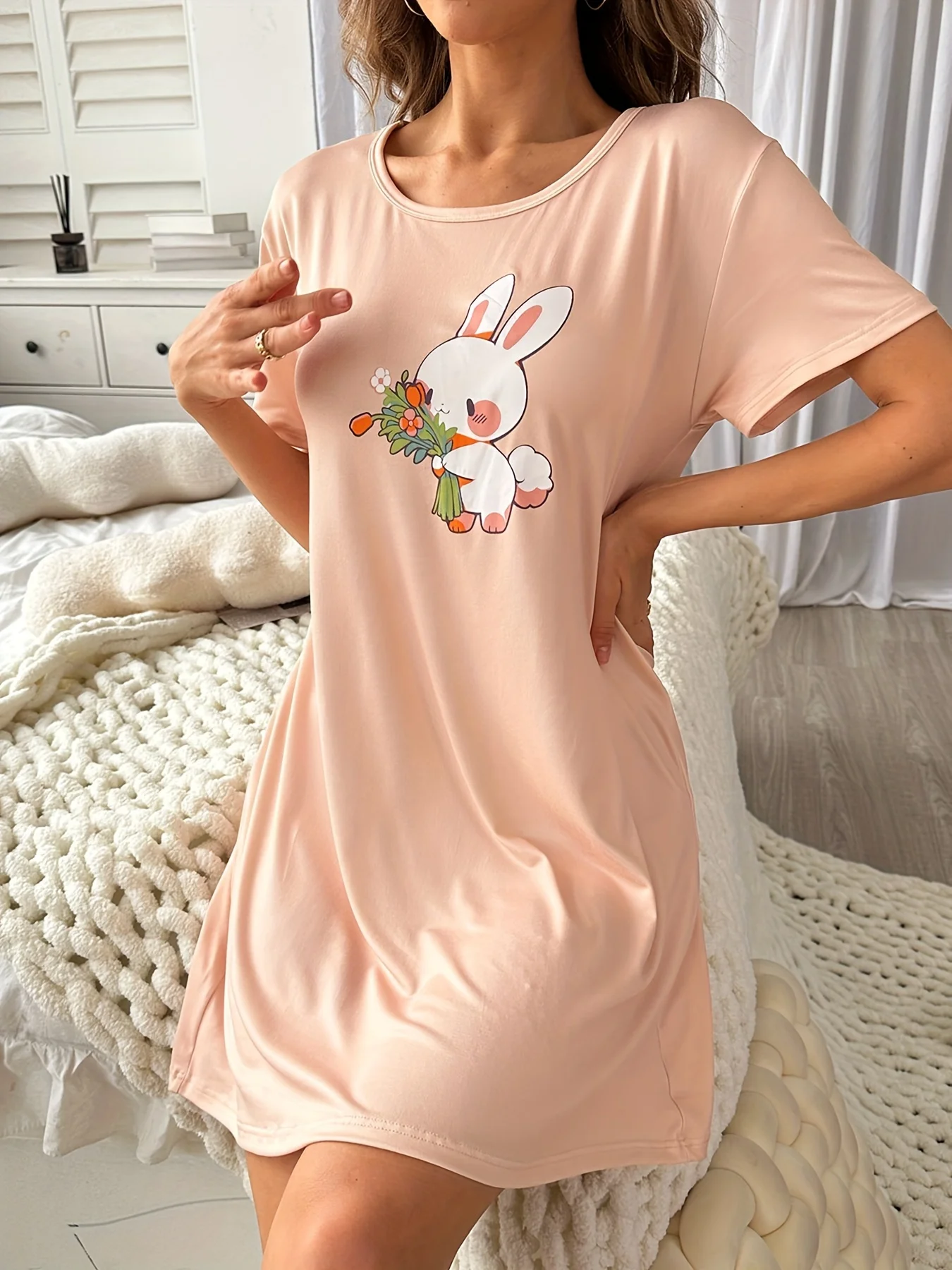 

Women's Four Seasons Spring and Summer Casual Sweet Cute Rabbit Soft Women's Nightgown
