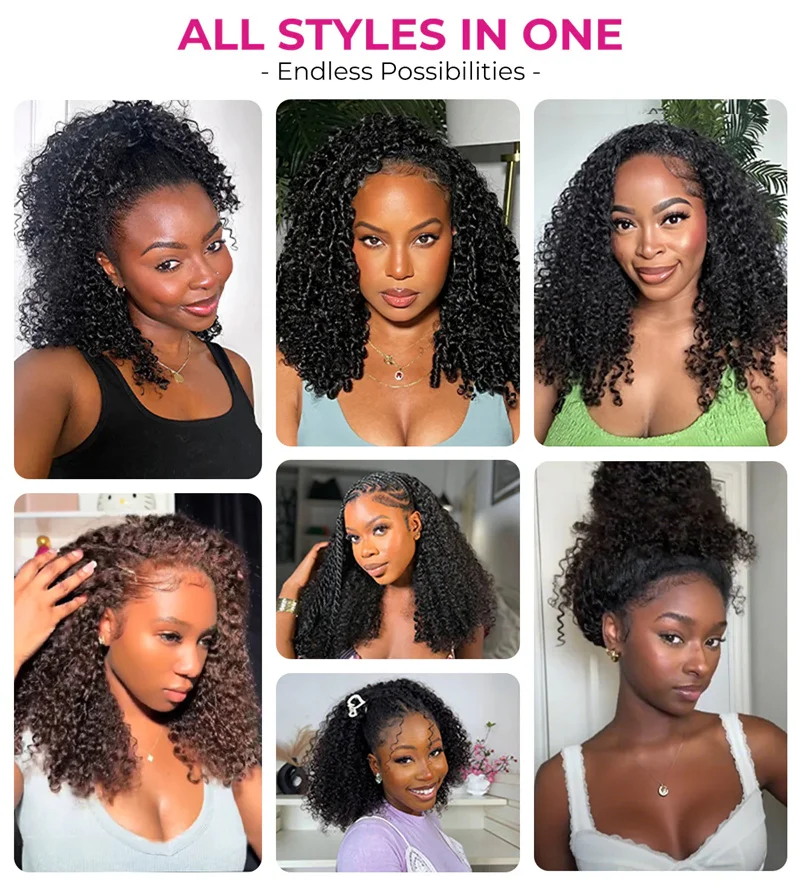 VSHOW 3 In 1 Half Wigs Kinky Straight Human Hair Wigs With Adjustable Drawsting Full Machiine Made Wigs With Natural Hairline