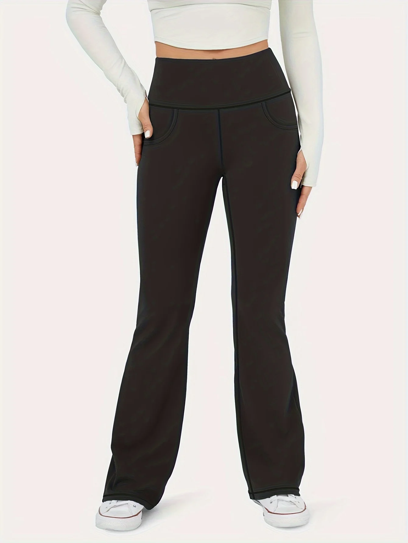 

Женские расклешенные леггинсы больших размеров с высокой талией — повседневные однотонные эластичные брюки с карманами для занятий спортом и повседневной носки