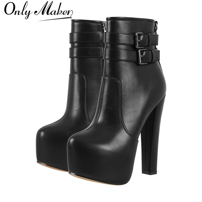 

Onlymaker Women Platform Ankle Boots Round Toe Short Booties Block Chunky High Heel Black Thick Party Dress Handmade Boots