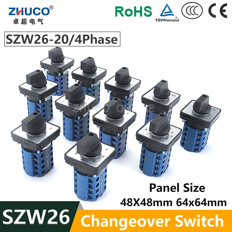 

ZHUCO SZW26/LW26-20 4 Poles Sliver Contact 20A 660V 64X64 mm 48X48 mm Panel Power Knob Selection Cam Rotary Changeover Switch