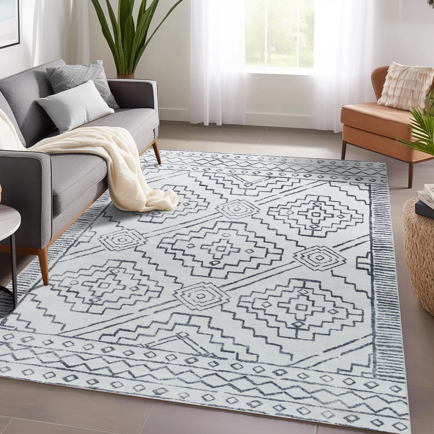 Modern Geometric Area Rug for Living Room, Bedroom, Foyer | Abstract Pattern Indoor Carpet | Washable Area Mat