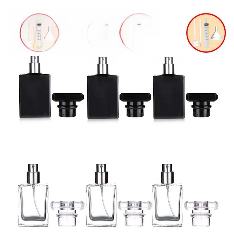6 pièces + 4 accessoires 30 ml/1 oz bouteille de parfum rechargeable noir clair, bouteille de brume de parfum en verre vide carrée portable.