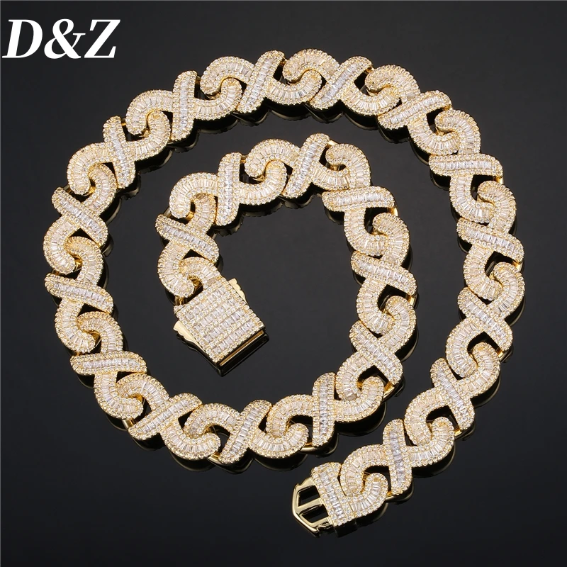 D&Z Hip Pop Luxury Bling Full Zircon 16MM Infinite Cuban Chain Bracelet Necklace For Men Gold Plated Brass Charm Jewelry Set