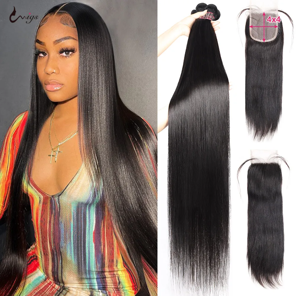 

30 inch Long Bone Straight 3 Bundles With Closure Human Hair Brazilian Hair Weave Straight Extension With 4X4 Closure For Women