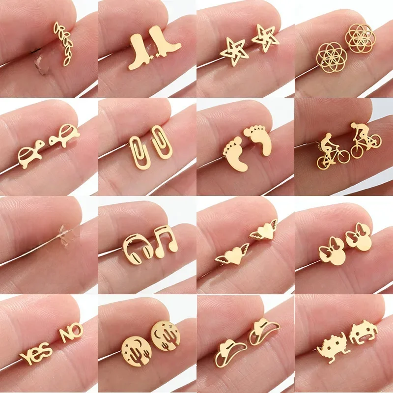 Mini boucles d'oreilles dorées en acier inoxydable pour femmes, bijoux de tous les jours, bottes à feuilles mignonnes, étoile de musique, Cactus, cadeaux Pendientes