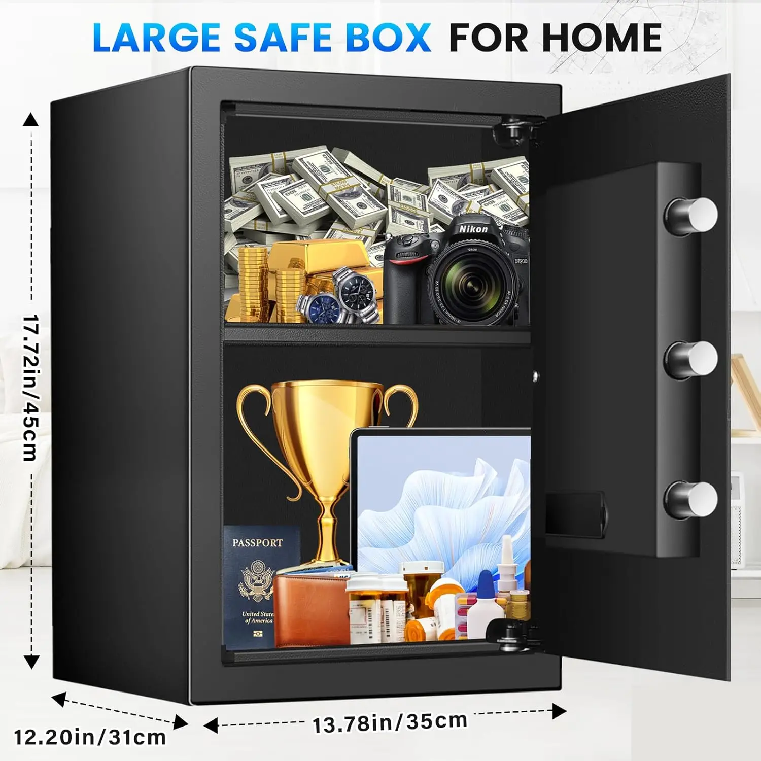 2.6 Cuft Fireproof Safe for Home Use, All Steel Fire Safe Box with Programmable Keypad, Backup Keys and Alarm System, Anti-Theft