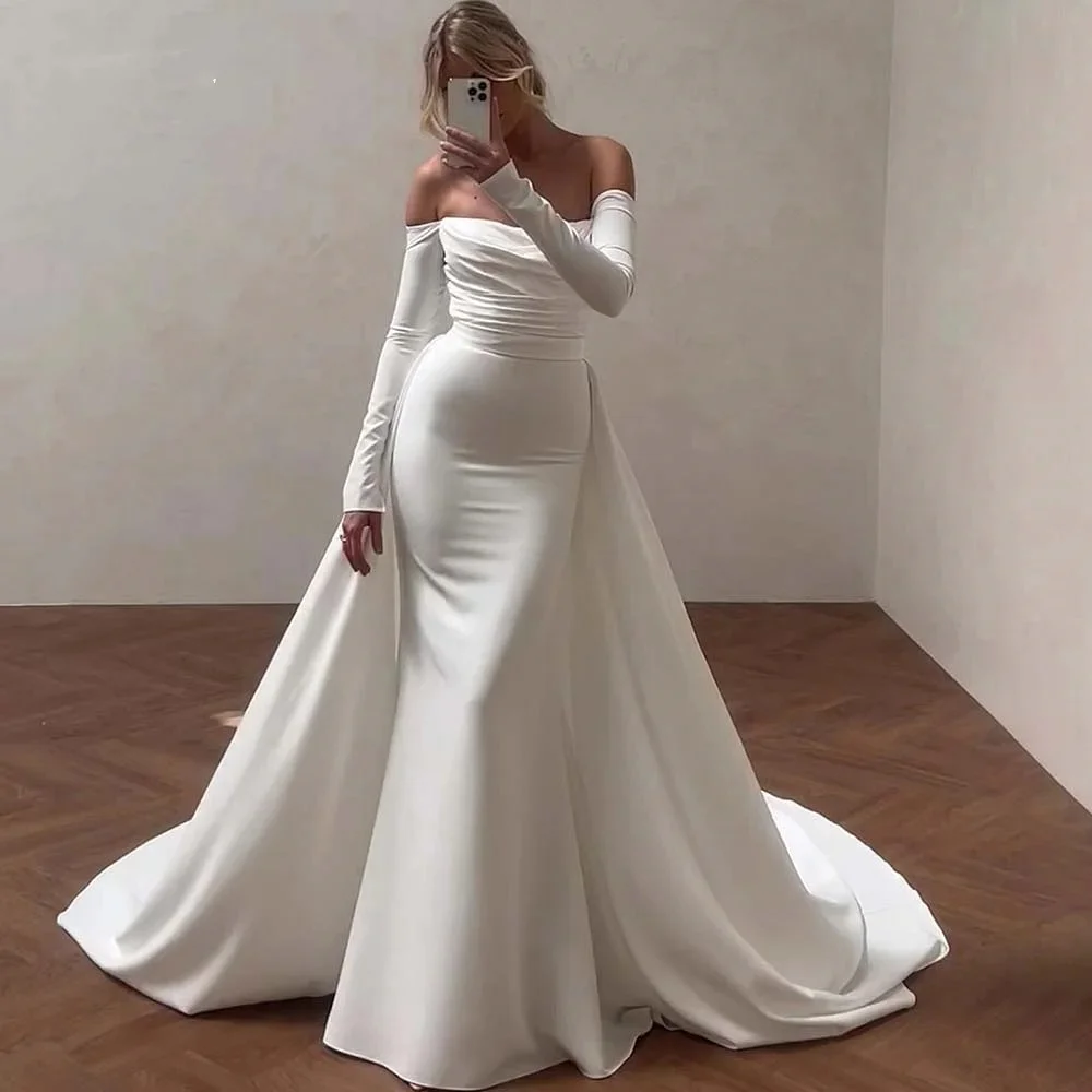 Customize Made To MeasuresOff Shoulder Mermaid Wedding Dresses Detachable Train Bodycon Elastic Satin Bridal Gowns Customed Cape