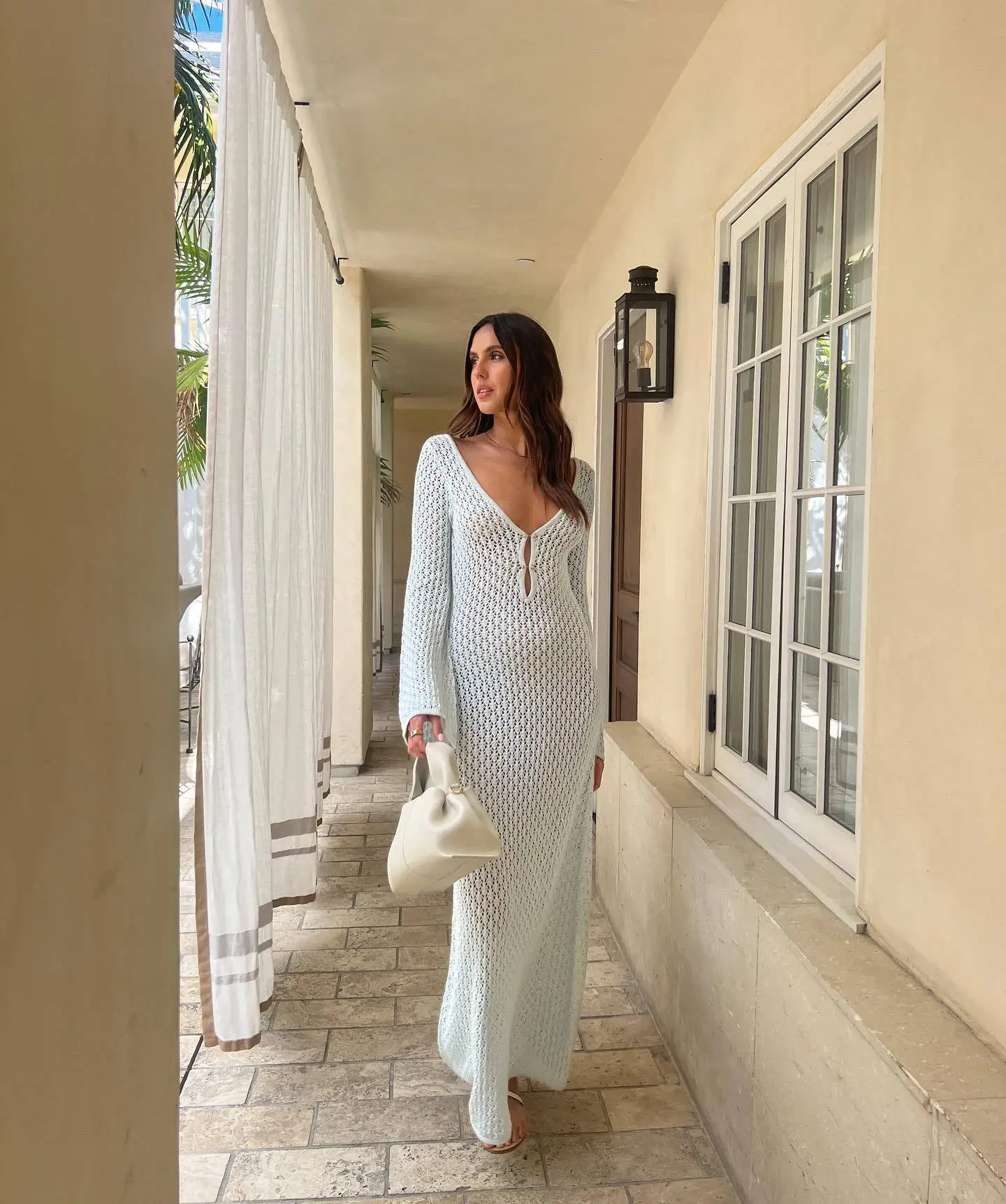 Women See Through Knitted Beach Dresses Summer Autumn V-neck Long Sleeve Elegant Long Dress Hollow Out Bikinis Cover Up Robe