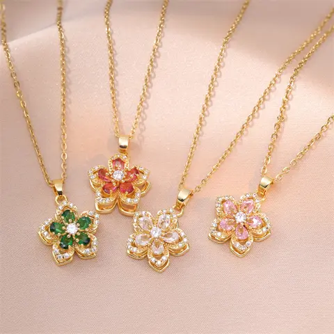 Korean Fashion Rotatable Crystal Flower Heart Pendant Necklaces for Women Stainless Steel Chokers Wedding Party Jewelry