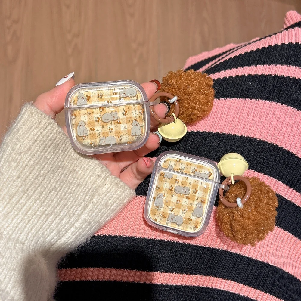 

Warm color plaid cute kitty earphone protective case,suitable for AirPods4/3/2 Pro/2/4,with pendant,INS cute new protective case