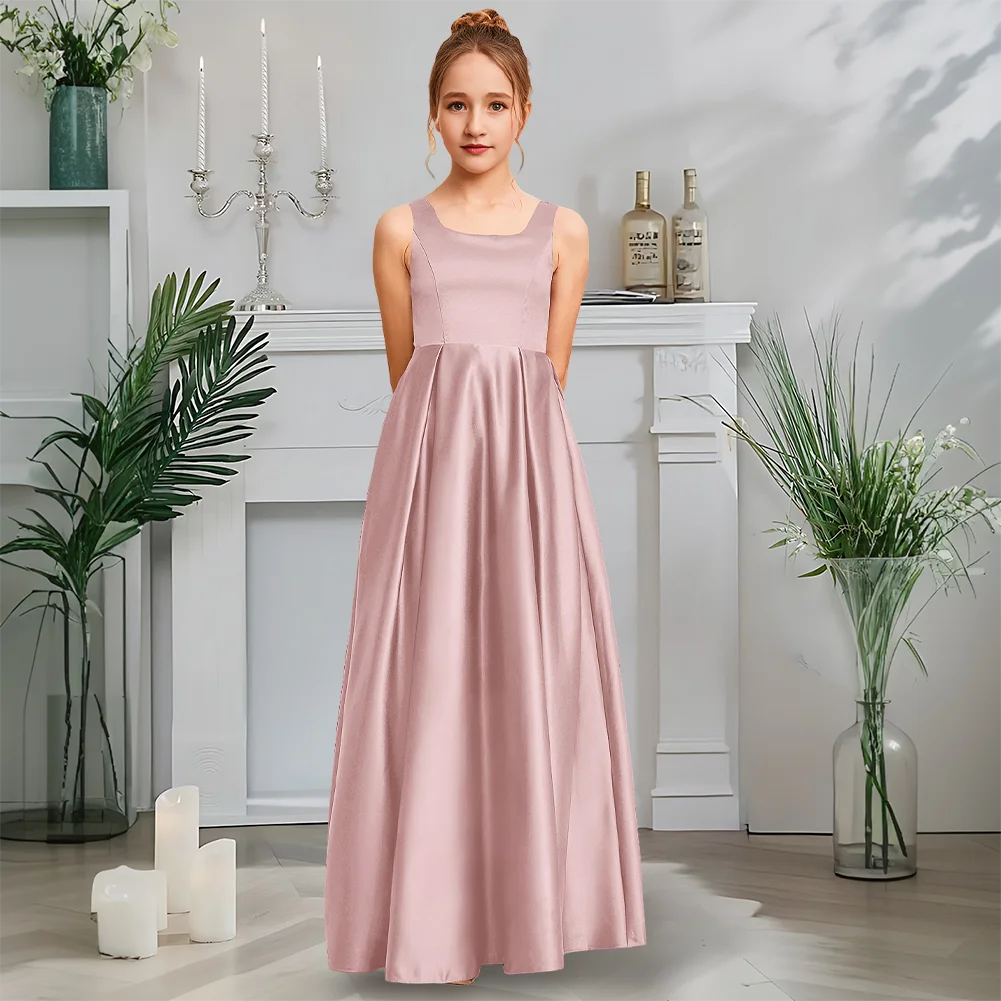 

Luxurious A-Line Square Junior Bridesmaid Dress Velvet Cabernet Flower Girl Dress Satin Floor-Length Garden Gala Wedding Party