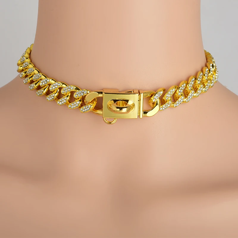 

13mm Gold Cuban Link Choker for Men - Hip Hop Bling Chain with Zircon Stones - 16"/17"/18" Luxury Streetwear Necklace