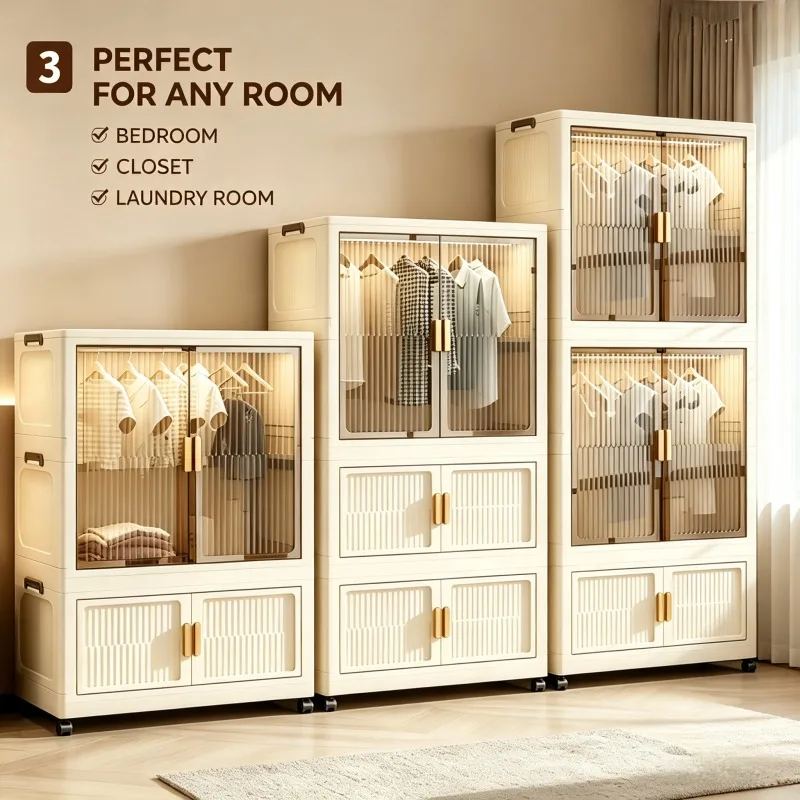 foldable and stackable clothes storage wardrobe, no assembly needed. Snap-together foldable closet with transparent dust-proof door and universal wheels. Freestanding multi-layer clothes hanging and storage unit, suitable for bedroom, laundry r