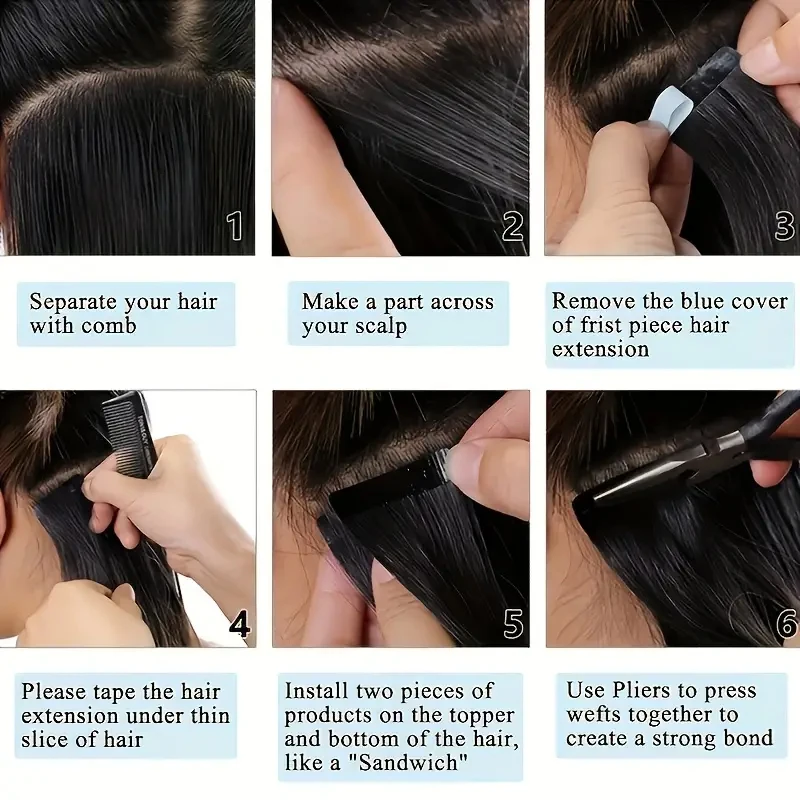 Extensões retas perversos do cabelo encaracolado, cabelo humano brasileiro, trama, esparadrapo, colagem sobre