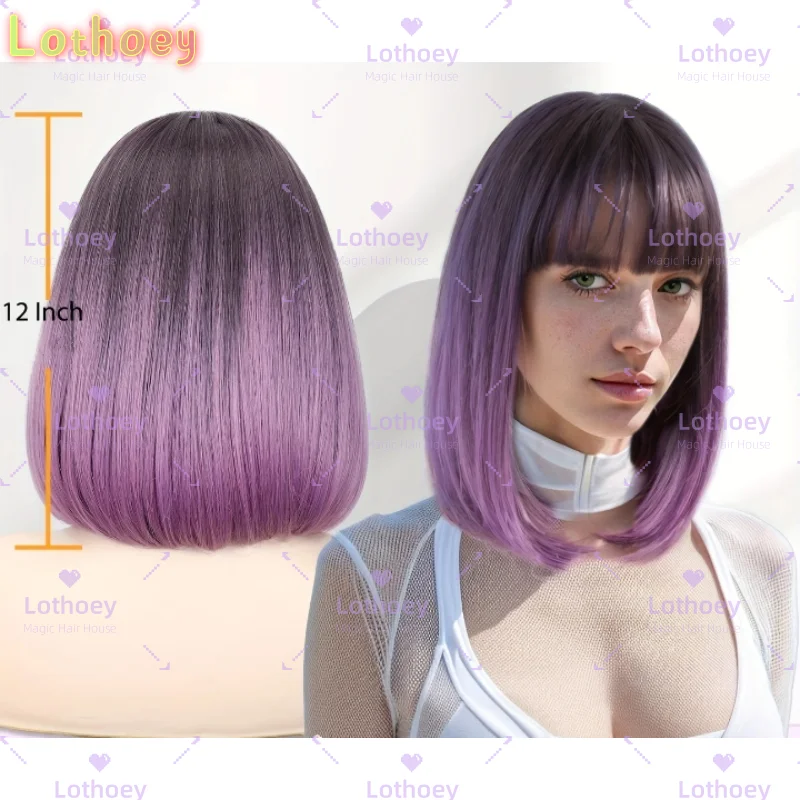 

12 Inch Ombre Purple to Grey Bob Wig with Bangs - Short Straight Humen Hair Wig for Women Middle Part Daily & Party Wig