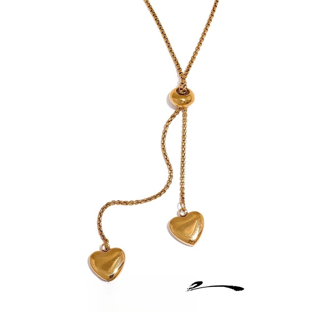 Yhpup Heart Long Pendant Stainless Steel Gold Color Pull-out Type Necklace Rust Proof Trendy Korean Jewelry Bijoux Femme — zdjęcie 2