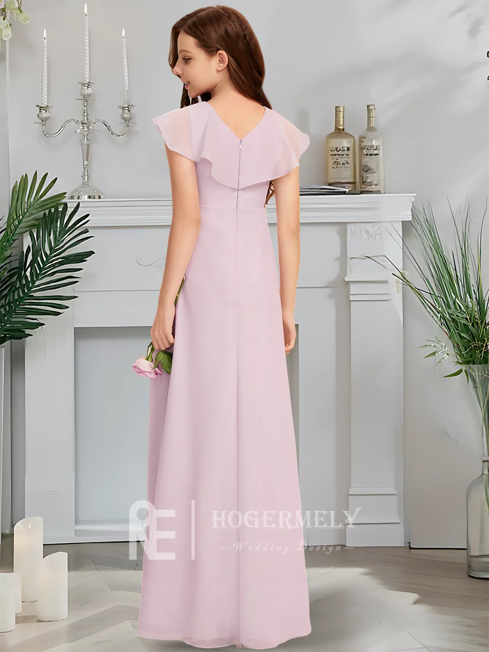 B Платье подружки невесты для юниоров с v-образным вырезом Сумерки Лавандовое платье с цветочным узором для девочек длиной до пола, шифон с каскадными оборками на свадьбу