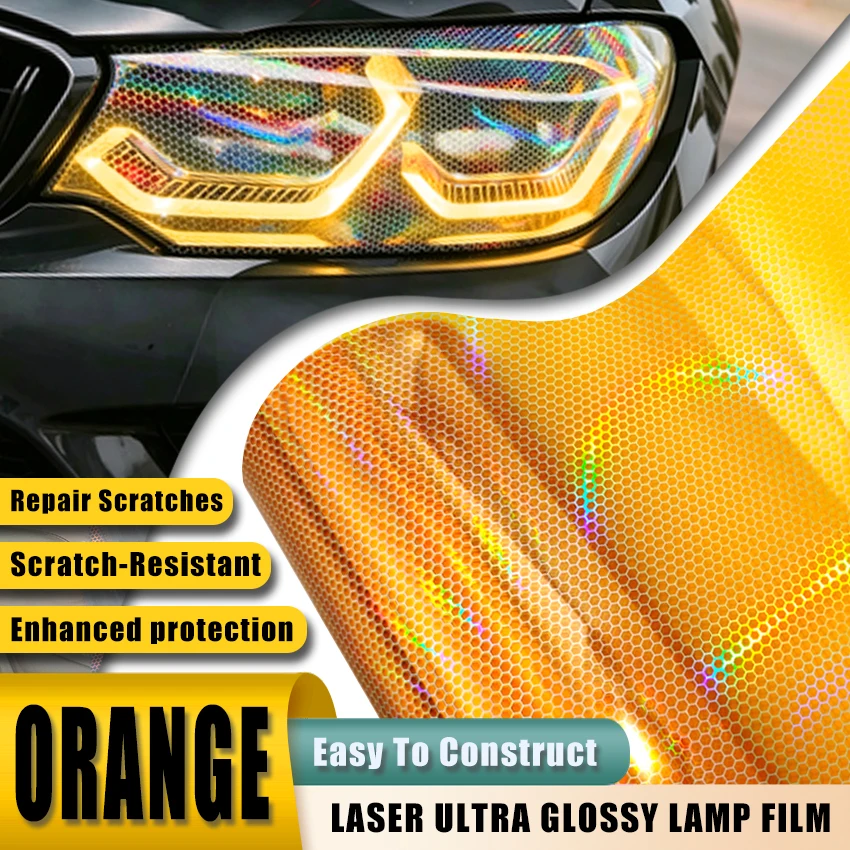 3D Honeycomb Pattern Headlight Tint Film PPF Orange Colorful Holographic Vinyl Wrap Car Lamp Cover Sticker Scratch Resistant