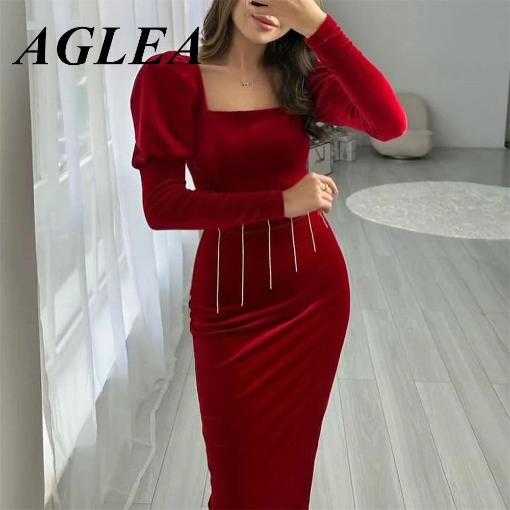 AGLEA-Robe Sirène Rouge à Col Carré et Manches sulfpour Femme, Robes de Soirée de Bal de Noël Simples, Robe Formelle en Velours, 2024