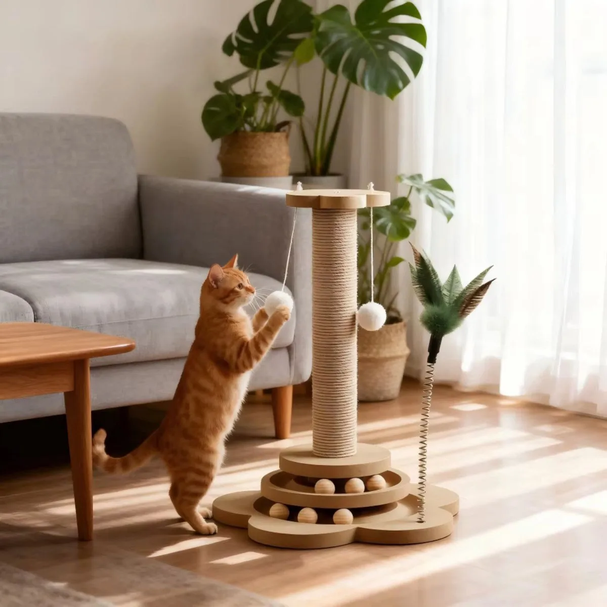40cm Pet Cat Toy Wood Cat Turntable Funny Cat Stick Balls Durable Sisal Scratching Board Cat Supplies Cat Grab Column