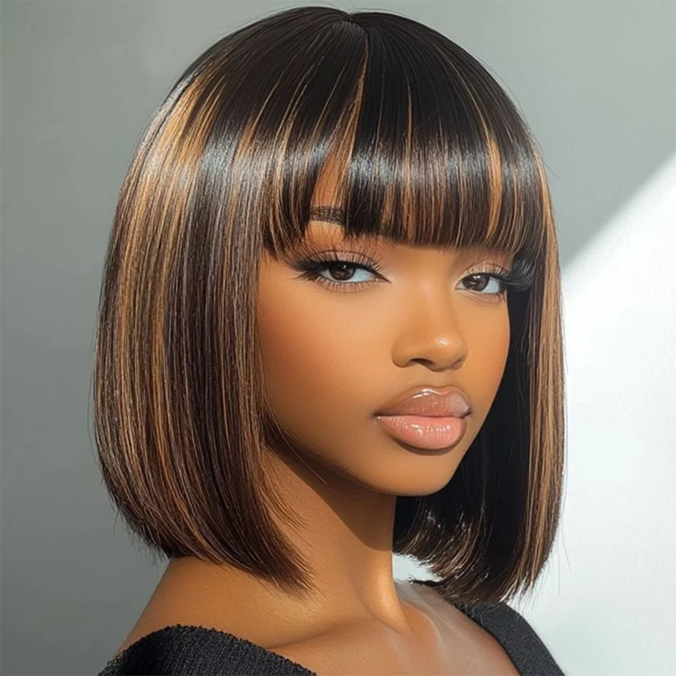 

Highlight Straight Bob Wig With Bangs Human Hair 1b/30 Highlight Short Straight Bob Wig Ready To Go Blunt Cut Short Bob Wigs