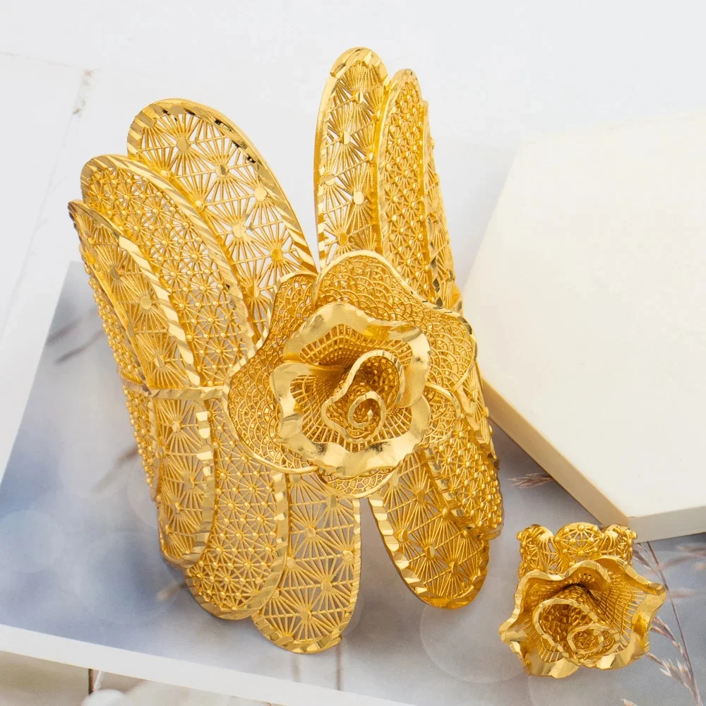 YM Ensemble de bijoux africains de Dubaï pour femmes, grand design, papillon évidé, manchette, bracelet et bague, mariages et fiançailles 3