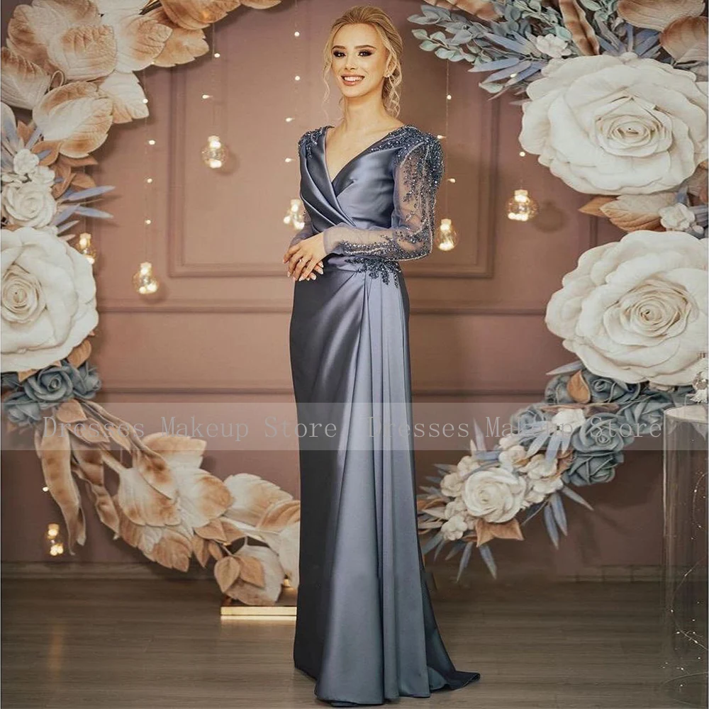 Vestido de noche de lujo para mujer, manga larga, ilusión con cuentas, cuello en V, satén, Formal, marrón, línea A, drapeado, vestidos de fiesta de boda