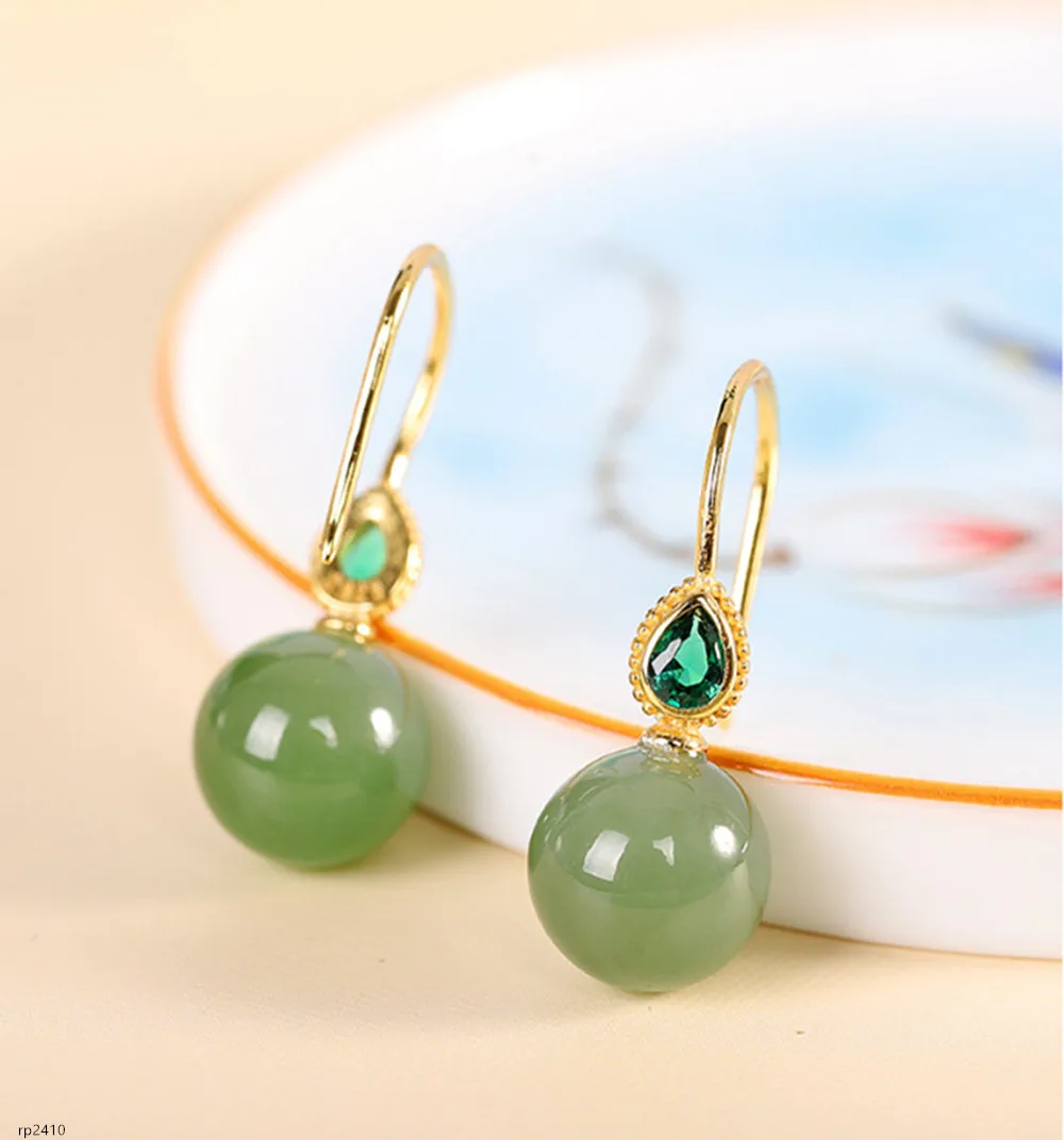 

KJJEAXCMY boutique jewelry s925 pure silver gold-plated set with Hetian jade round bead earrings for girls' birthday party gift,