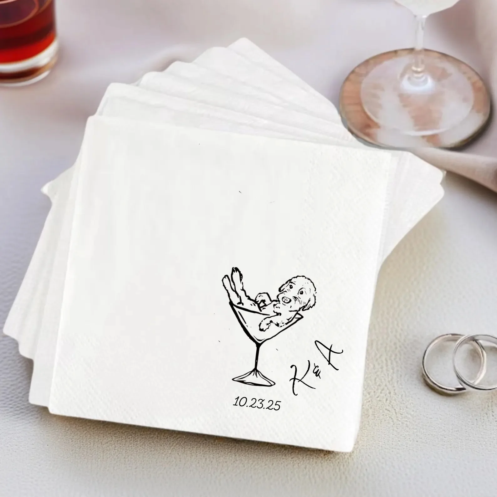 50pcs Personalised Pet Napkins for Wedding Events, Drink On Us, Custom Dog or Cat Illustration & Text – Cocktail Napkins