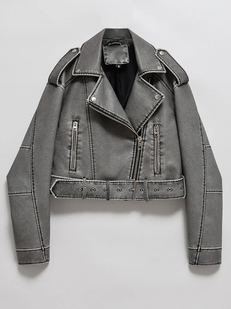 Ailegogo Women Vintage Loose Washed Faux Leather Short Jacket Streetwear Female Zipper Belt Moto Biker Retro Coat Outwear Tops — zdjęcie 2