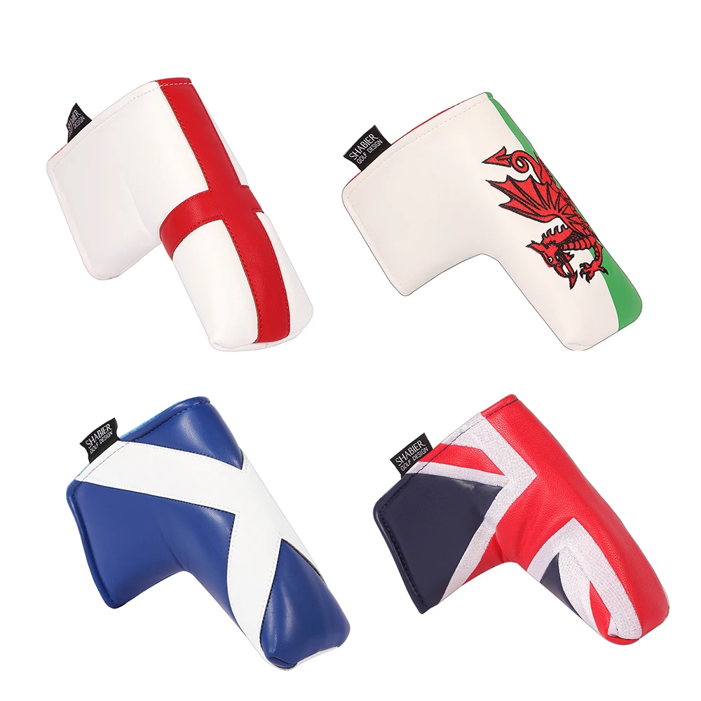 UK Flag Embroidered Synthetic  PU Leather Golf Club Headcover Magnetic Blade Putter Cover