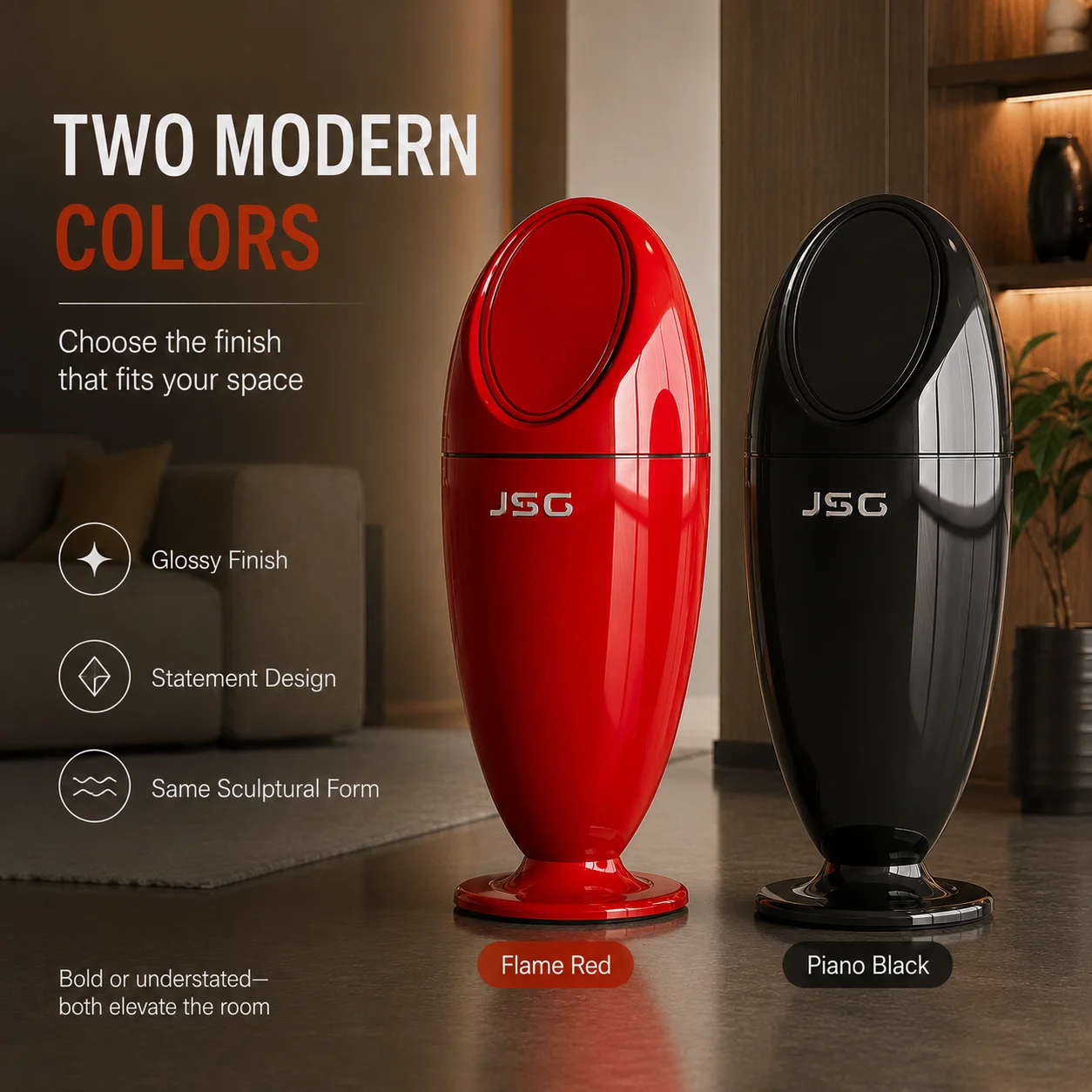 Modern sculptural-style oval high-foot pedal trash can with a widened anti-tip stable base, glossy decorative standalone bin, space-saving designer trash can, available in flame red, piano black, and pearl white, perfect for living rooms, bedrooms, office