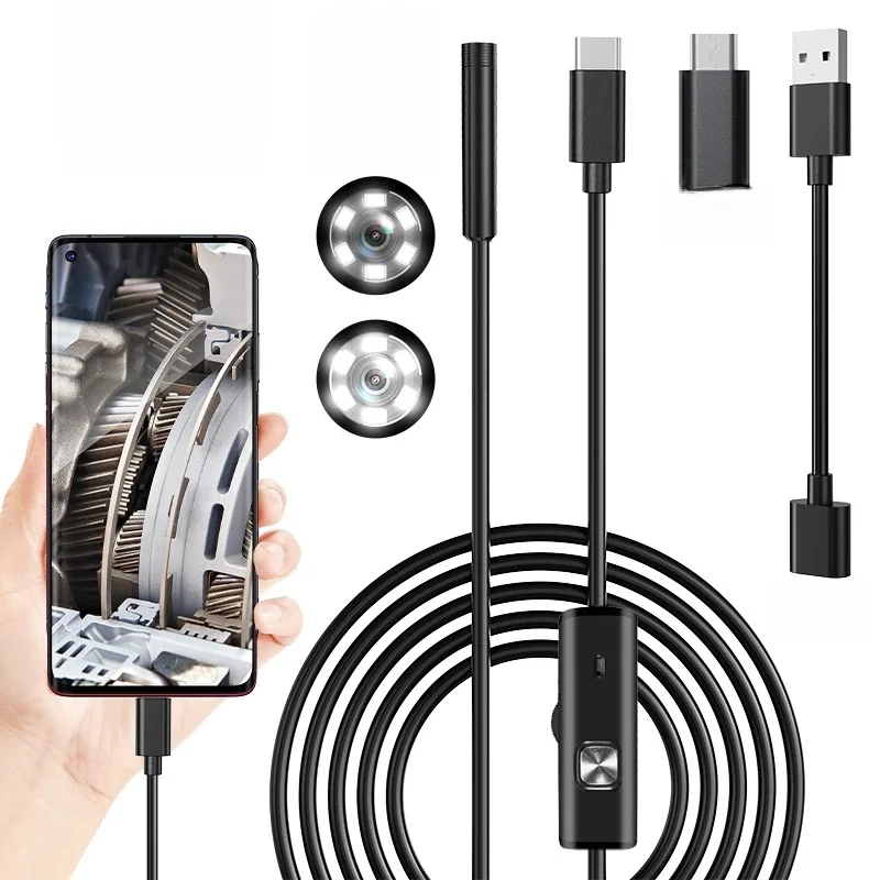 7.0mm Industrial Endoscope Camera 3 IN1 Type-C Mini Inspection Camera 6 LEDs Adjustable USB Android Flexible Snake Borescope