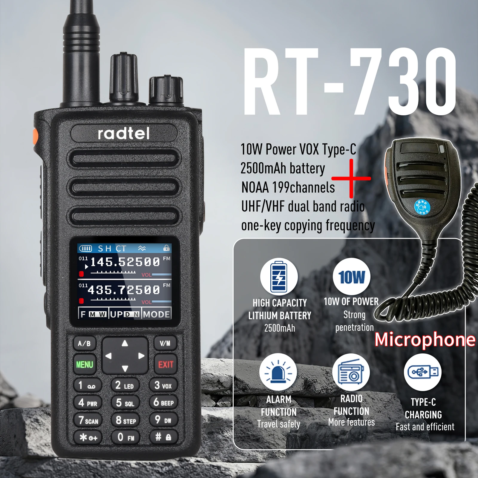 Топ RT-730 IP67 Водонепроницаемая 10 Вт Air Band Walkie Talkie Полнодиапазонная любительская любительская ветчина 199CH HT USB-C Батарея NOAA FM AM UHF VHF Satcom