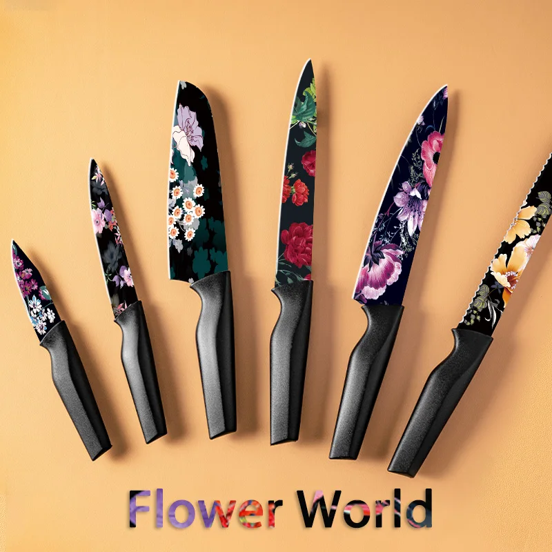 6PCS/ Astercook Knife Set, Flower Kitchen Knives Sets with Blade Guards, Dishwasher Safe, German High Carbon Stainless Steel