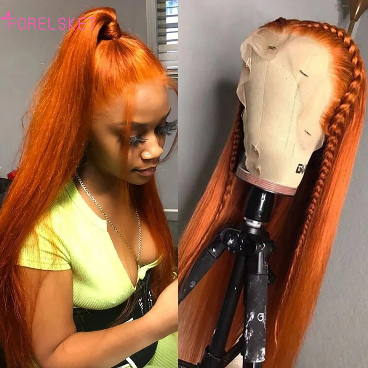 

Orange Ginger Lace Frontal Wig Brazilian Straight Human Hair Lace Front Wig 13x4 Closure Wig 180% Density Remy Hair Hotwave