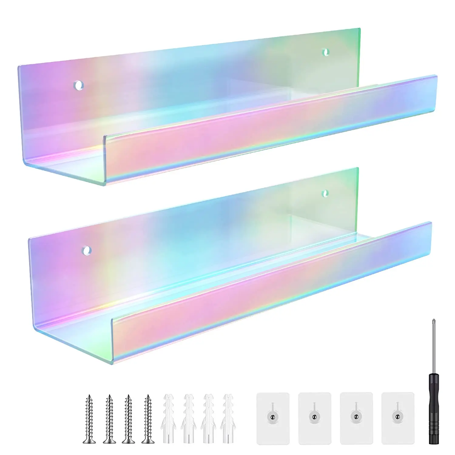 

15 Inch Iridescent Acrylic Floating Shelves, 2 Pack Rainbow Acrylic Wall Mounted Rack Storage Stand for Bedroom, Bathroom