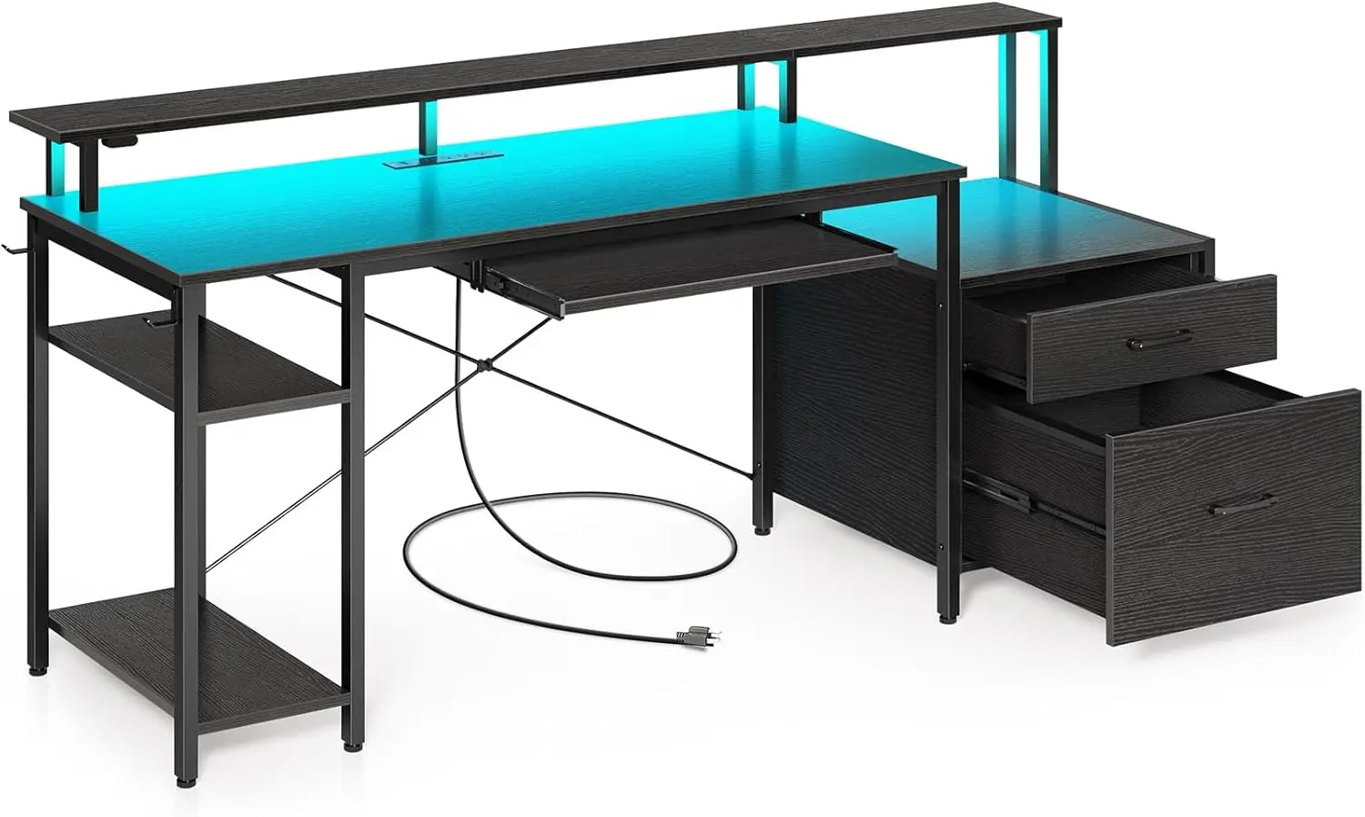 Computer tisch 63 "mit Akten schublade, Spieles ch reibt isch mit LED-Licht und Steckdosen, Home-Office-Schreibtisch mit Akten schrank