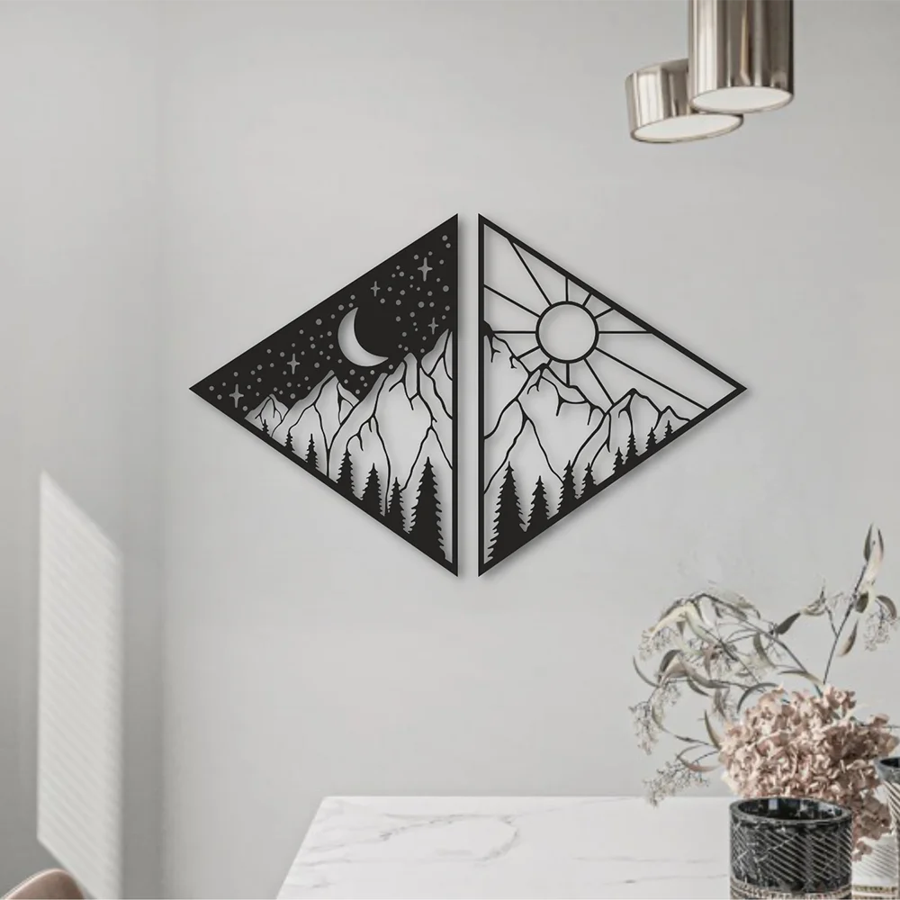 Metal Wall Art - ''Natural Cycle'', Mountain Wall Art Forest Wall Art, Home Decor, housewarming Gift, Triangle Wall Art,2 Piece