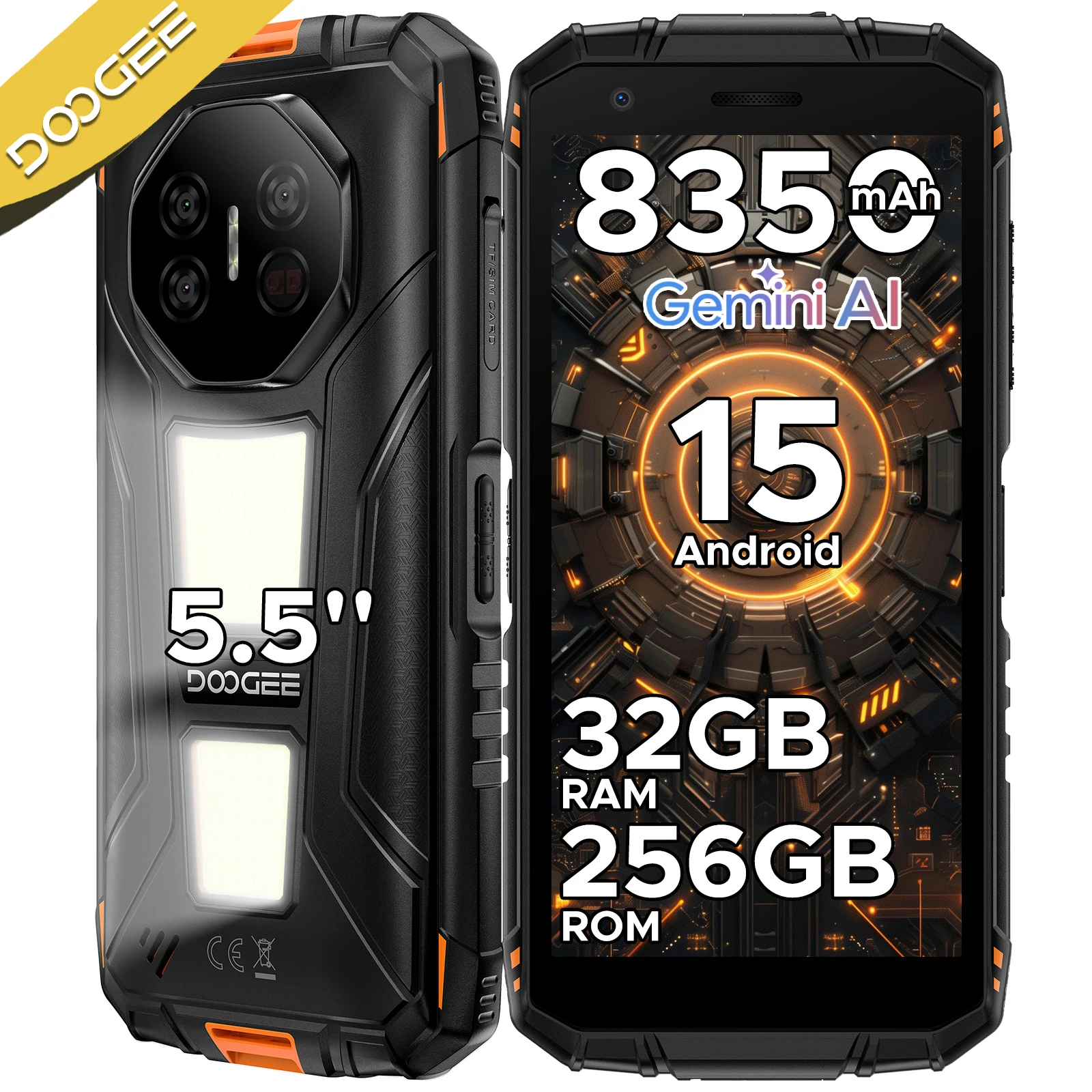 DOOGEE Fire 3 Max Rugged Phone 32GB+256GB 5.5'' HD+ Display Camping lights IP68 8350mAh T7250 48MP NFC Android15 Widevine L1