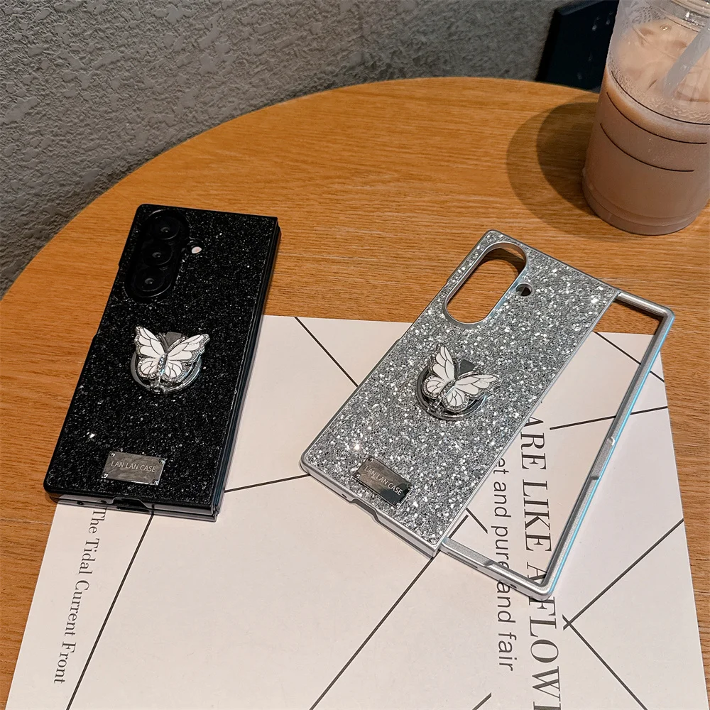 

Korean Ins Glitter With Diamond Butterfly Bracket Phone Case for Samsung Galaxy Z Fold 6 7 Fold 5 4 Fold 7 6 Cover Luxury Cases