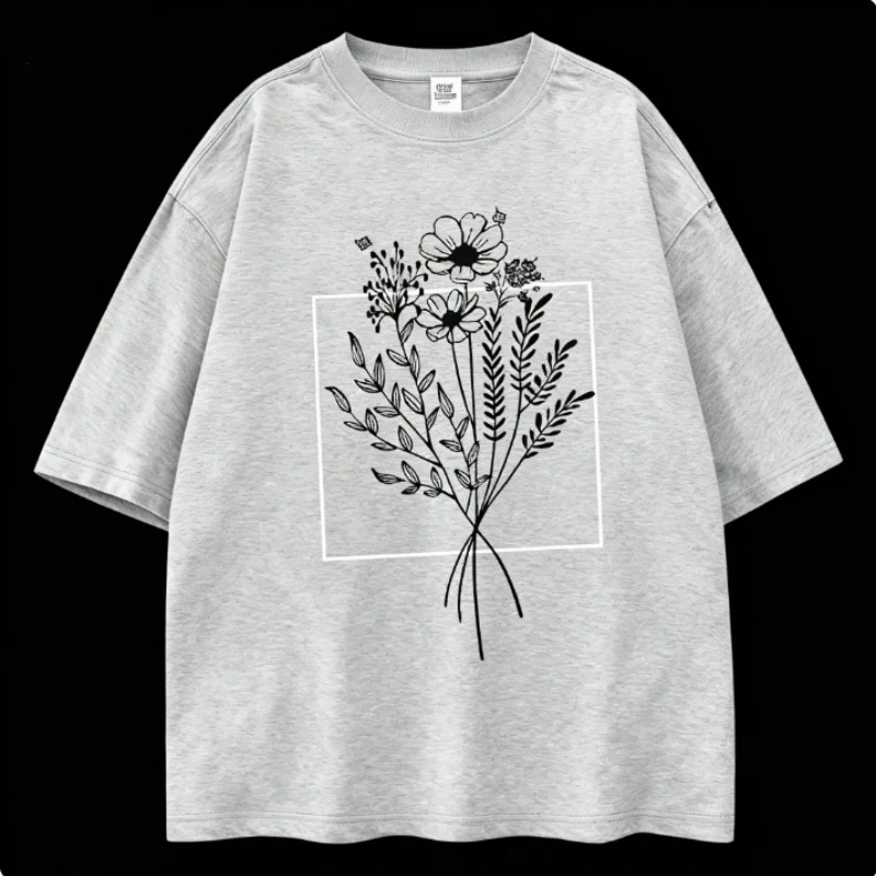 100% Pure Cotton Floral Line Art Black T Shirt Botanical Graphic Design Short Sleeve Top Fashion Casual Comfortable Cotton Tee