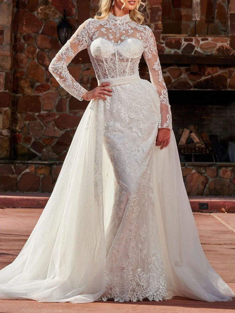 Boho High Neck Mermaid Wedding Dress Appliques Long Sleeves Corset Bodice with Detachable Train Button Back Bridal Gowns