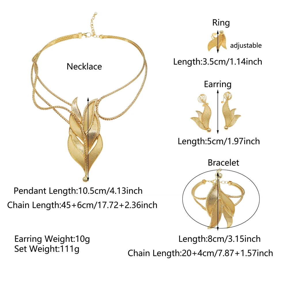 Yulaili Gold Plated Leaf Necklace Bracelet Earrings Ring Jewelry Set for Women Fashion Party Wedding Bridal Accessory Gift