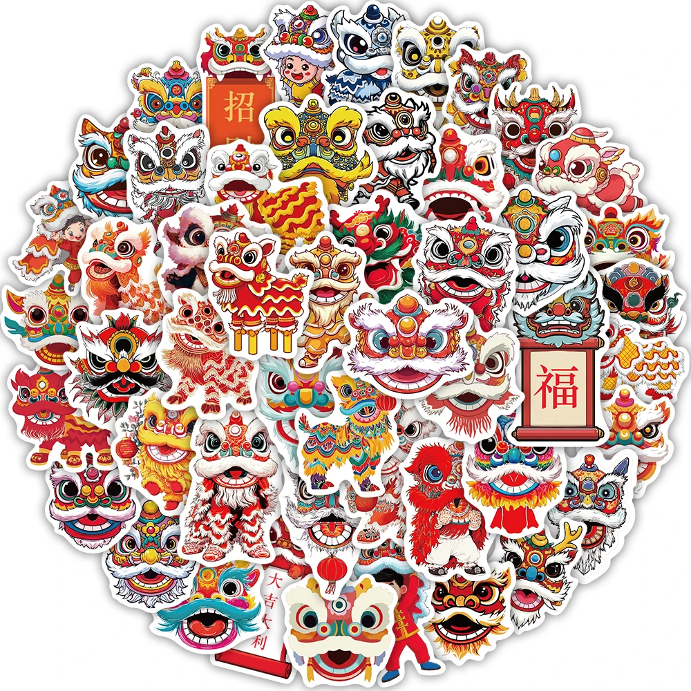 50PCS Chinese New Year Lion Dance Graffiti Stickers Decorative Luggage DIY Motorcycle Laptop Phone Case Waterproof Stickers
